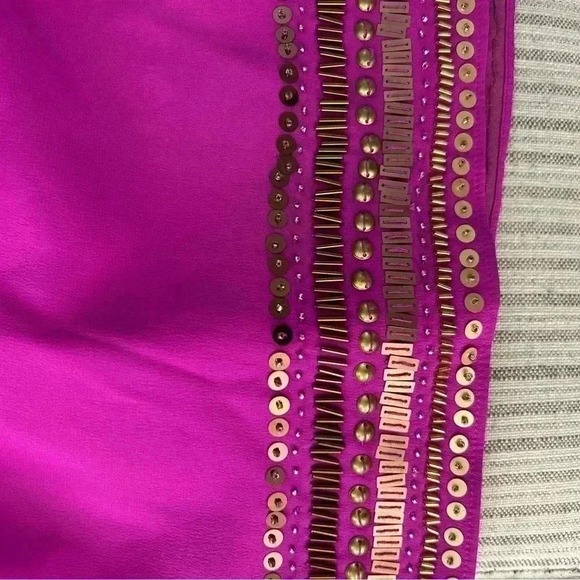100% Silk Beaded Trim Fuchsia Ruffle V-neck dress Size XS Trina Turk vintage - Picture 6 of 7